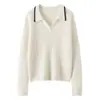 Suéter delgado de cachemira para mujer para otoño e invierno, tejido de ochos con cuello de gaviota, corte ajustado, bloques de color, top pullover versátil