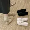 Zapatos de Felpa y Piel Color Blanco Roto para Mujer, Nuevos 2025 Otoño e Invierno Zapatos Planos Estilo Ballet con Lazo, Zapatos de Algodón Peludo