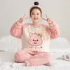 Pijama de forro polar coral para niñas para otoño e invierno, cuello redondo, diseño de dibujos animados, conjunto cálido para estar en casa para niños mayores
