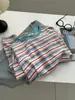 Camiseta de Manga Larga a Rayas con Bloques de Color Rojo y Azul para Mujer 2026 Otoño Algodón tipo Lino Holgada Estudiante Cuello Redondo Camiseta Básica