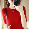 Tejido de Punto Otoño de Cuello Redondo Manga Corta Transfronterizo Ropa de Punto para Mujer Tops Sueltos para Mujer Camiseta Interior Camiseta de Manga Media Mujer 202