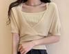 Camiseta de Manga Corta Falsa de Dos Piezas Verano Nuevo Seda de Hielo Corta Tejida Fresca Pequeña Diseño Popular Top Astuto para Mujer