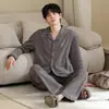 Conjunto de Pijama Masculino de Algodão com Manga Longa, Lapela de Cardigã, Outono/Inverno, Gola Redonda, Simples, Casual, Roupa de Casa