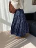 Al final de la falda de florales con forro de polar retro azul coreano para mujer, falda de invierno cálida de cintura alta con caída tipo paraguas 2320