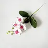 Orquídea Phalaenopsis artificial de 4 flores y 3 hojas con tallo, material de flor de pared decorativa de fondo hecho a mano para decoración de bodas y hoteles, flor artificial individual