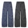 F9063 Estilo Retrô Americano Unissex High-End Resistente Múltiplos Bolsos Design Solto Masculino Calça Casual de Trabalho de Perna Larga