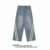 Jeans Rasgado Listrado Patchwork Estilo Retrô Americano para Homens, Calças Retas Largas de Outono, Calças Longas Casuais Versáteis para Casais