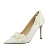 3393-H131 Zapatos de Tacón Alto de Satén Estilo Europeo y Americano para Banquetes con Flores de Encaje, Boca Baja, Tacones Finos, Elegantes Zapatos de Tacón Alto para Mujeres