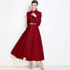 Vestido Retro de Renda com Gola Alta, Mangas Bufantes, Cintura Abotoada e Barra Ampla, Saia Elegante de Comprimento Médio com Cinto