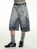 Jeans Pendurados de Perna Larga com Estampa Completa para Homens, Calças Curtas Casuais Americanas Soltas de Perna Reta para o Verão