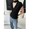 Sinan Principios de Primavera Nuevo Estilo Elegante Cuello Halter Cinta Cuello en V Cruzado Ajuste Ceñido Adelgazante Tejido Manga Corta Top Sn8633