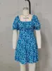 En stock vestido floral francés nuevo para mujer verano 2026 con escote cuadrado, mangas abullonadas, corte A entallador corto