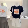 Camiseta de Manga Corta con Estampado de Calabaza Estilo Perezoso para Mujer Diseño de Verano 2026 Estilo Casual Top Delgado con Cordón para Mujer