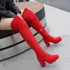 Botas Elásticas de Caña Alta con Punta Redonda Botas de Caña Alta Manga de Gamuza Zapatos Europeos y Americanos para Mujer Botas de Cuero para Mujer con Negro Rojo Albaricoque