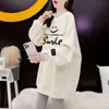 Suéter Suelto con Forro de Lana Grueso para Otoño e Invierno, Cuello Semi-alto Cosido, Top de Moda Estilo Americano para Mujer con Estampado, de Longitud Media que Cubre el Trasero