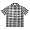 Camisa Retro Americana Vintage con Estampado de Letras y Cuadros de Manga Corta para Hombres y Mujeres, Holgada Casual de Marca Moderna Fresca