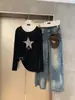 ENEN2026 Outono Estilo Coreano Preguiçoso Estampa de Leopardo Estrela de Cinco Pontas Solta Leve Gola Redonda Manga Longa Camiseta Feminina E11151