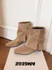 Botas Cortas Chunky de Punta Cuadrada para Mujer 2026 Nuevas Hebilla de Cinturón Oculta Aumentadoras de Altura Botas para Pantalones Botas Western Delgadas Retro Esmeriladas para Mujer