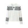 Suéter de punto a rayas blancas y negras con bloques de color y cuello polo de manga larga para mujer, elegante y rejuvenecedor, adecuado para otoño e invierno, se puede usar como capa exterior o capa base.