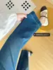 Tela elástica en cuatro direcciones~¡Diseño de bordado de corazón! Jeans de otoño para mujer, cropped, pierna ancha, tiro alto, adelgazantes, pantalones rectos de pierna ancha