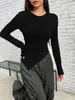 2026 Nova Rodada de Comércio Transfronteiriço Gola Redonda Manga Longa Camiseta Básica Feminina com Barra Irregular Slim Fit Top Hot Girl