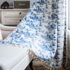 Yiman Qiyun cortina terminada algodão e linho Print American Tassel Blue Kitchen Curtain Country Style