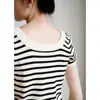 Tienda Insignia Dan Nong de Shanghái/Suéter de Punto Rayado de Manga Corta con Cuello en U Grande para Mujer, Top de Verano Ajustado