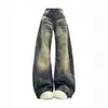 Jeans Retro Americano High Street Lavados Cuchillo Torcido Mujer Primavera Otoño Nuevo Persona Pequeña Sueltos Adelgazantes Largo Hasta el Suelo Pierna Ancha