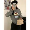 Outono Inverno Novo 2026 Tricô Curto Desenho Animado Top Interno Gola Redonda Feminino Pulôver Solto Estilo Coreano Suéter Espessado