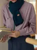 Camisa Retrô Francesa de Cor Contrastante com Listras Verticais para Mulheres, Top Escovado de Manga Longa