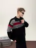 Suéter Jacquard Retro Color-Block com Decote V para Homens, Quente de Inverno, Modelagem Solta, Versátil, Estilo Preguiçoso, Tricô de Manga Longa