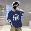 Camiseta de Manga Larga a Rayas con Cuello Redondo de Moda Estilo Coreano para Niños, Ropa de Primavera y Otoño, Niños Estampado de Dibujos Animados Capa Base Algodón Puro Fina
