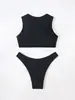 Bikini de Baño Separado Estilo Europeo Nuevo para Mujer Color Sólido Fruncido Adelgazante Ropa de Baño para Vacaciones en la Playa Mujer