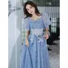 Vestido de Noite Feminino Sensação de Alto Padrão Banquete Elegante Luxo Leve Nicho Alto Padrão Teste de Arte Vocal Vestido de Apresentador Azul Longo