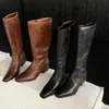 Botas de Piel de Vaca de Primera Capa de Alta Calidad con Cremallera Lateral, Botas Altas hasta la Rodilla de Punta Cuadrada, Tacones Medios Gruesos, Botas Versátiles Marrones con Forro de Terciopelo