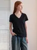 Camiseta Básica Versátil Io Order2026 Verano Minimalista Color Sólido Cuello en V Manga Corta Lino Suave para el Trabajo