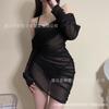 Chica de Paja Falda Sexy Transparente Lencería Sexy Chaqueta de Cuero Traje de Tres Piezas Camisón de Malla de un Hombro 1388