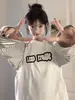 Camiseta de Manga Larga de Estilo Ins Sencilla con Estampado de Letras de Marca de Moda para Mujer con Diseño de Rayas Empalmadas de Color Contrastante Top Holgado de Cuello Redondo