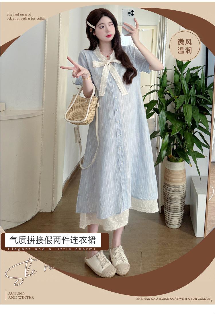 单排扣蕾丝拼接蝴蝶结假两件中长款孕妇连衣裙