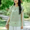 Blusas de Algodón y Lino Estilo Nacional para Mujer, Camisas Retro de Verano Finas con Cuello Mao Abotonadas, Nuevas Camisas de Algodón y Lino Bordadas Holgadas Estilo Chino