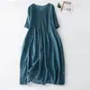 Vestido Vintage con Diseño de Pliegues de Órgano de Media Manga para Mujer, Artístico, Color Sólido, Cuello en V, Algodón Lino, Fresco, Adelgazante, de Longitud Media
