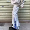 Calça casual xadrez patchwork estilo novo de primavera para homens, marca americana da moda, corte solto, perna reta levemente alargada, calça esportiva casual, moderna