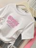 Camiseta de manga corta de algodón puro con hombros descubiertos, dulce y picante, para mujer, diseño de verano, estilo nicho, corte entallado, con cordón ajustable.