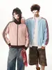Sudadera con cremallera y cuello alto a rayas deportivas estilo americano, cárdigan de marca unisex moderno, chaqueta casual holgada de bloques de color para pareja