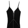 Estilo Europeu e Americano Verão Nova Roupa Feminina, Ajustada ao Corpo, Elegante Decote V Profundo, Alças Finas, Vestido Midi de Veludo