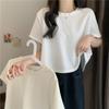 Camiseta Irregular de Manga Curta com Foto Real Transfronteiriça Feminina de Verão Cor Sólida Estilo Coreano Solta Camiseta Curta para Estudantes