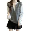 Conjunto de dos piezas de camiseta de manga larga a rayas para mujer talla grande, otoño, corte holgado, adelgazante, versátil, rejuvenecedor, top de bloques de color