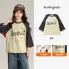 Conjunto de Otoño Pudding Haru para Niñas, Ropa Infantil, Clase A, Camiseta 100% Algodón, Nuevo Estilo Otoño 2026, Camiseta Infantil de Manga Raglán de Tres Cuartos con Bloques de Color