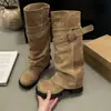 Botas femininas removíveis novas 2026 de cano alto, pretas com fivela de cinto, cano alto, não acima do joelho