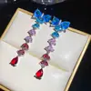 Flor de Muguete Lenguaje de las Flores ~Aretes Azules Aqua con Zirconia, Moño, Borla de Gota de Agua, Aretes de Lujo Ligero de Alta Gama, Collar Dulce